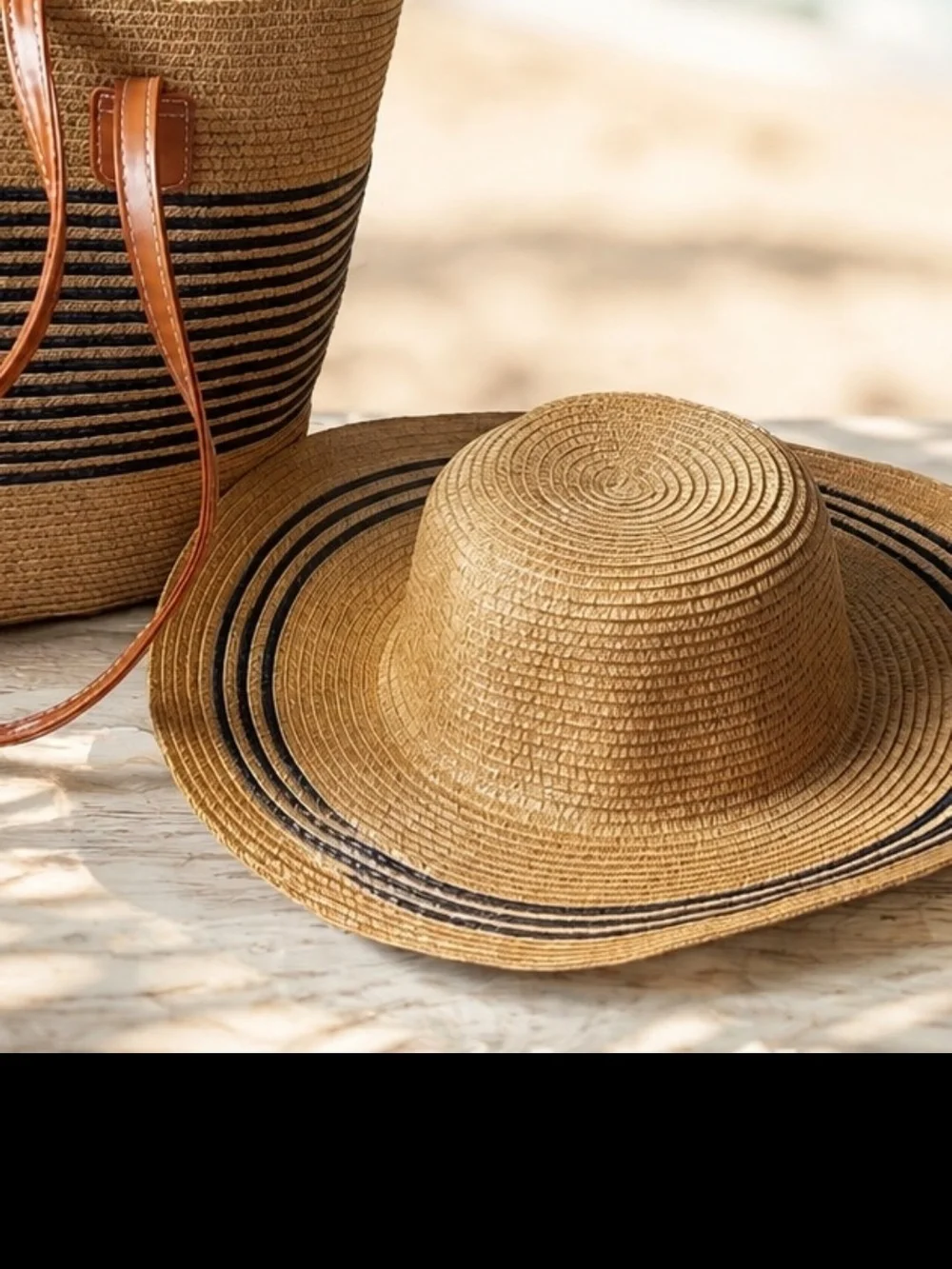2- Piece Straw Beach Tote  & Hat with Black Stripe and Leather Handles